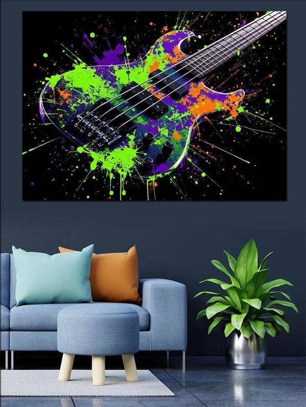Patlayan Renkli Gitar Dekoratif Kanvas - Mdf Ahşap Tablo - Image 1