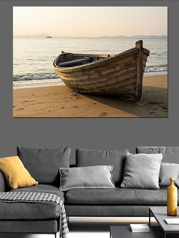 Kumsalda Eski Kayık Dekoratif Kanvas - Mdf Ahşap Tablo - Image 1