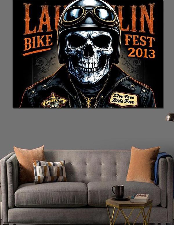 Kafatası Ve Motosiklet Festivali Dekoratif Kanvas - Mdf Ahşap Tablo - Image 1