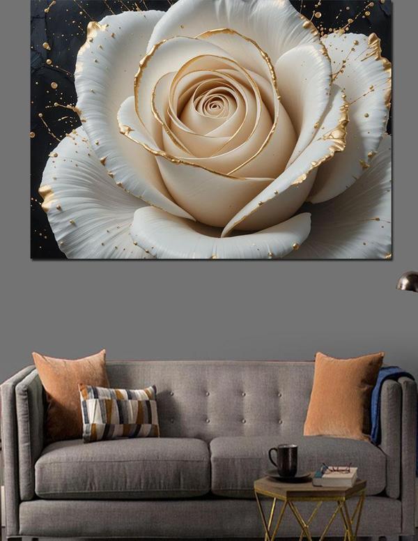 Beyaz Altın Gül Dekoratif Kanvas - Mdf Ahşap Tablo - Image 1