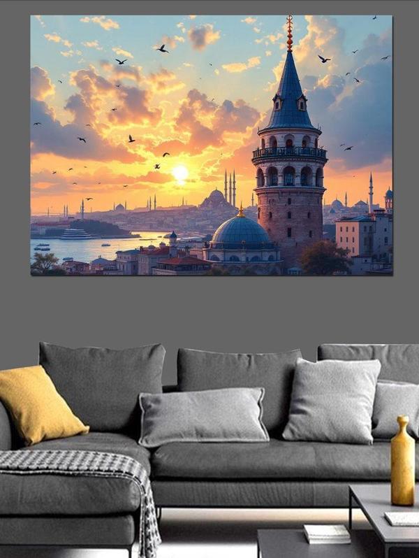 Galata Kulesi Gün Batımı Dekoratif Kanvas - Mdf Ahşap Tablo - Image 1