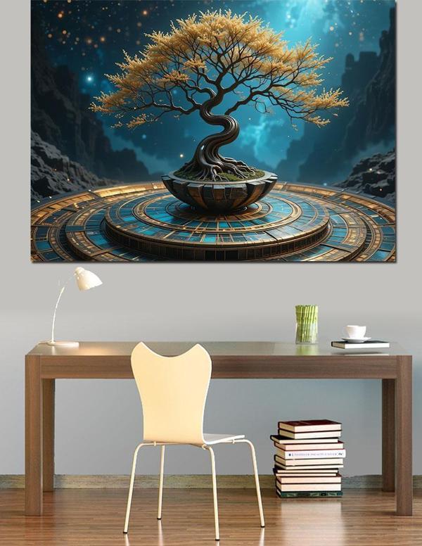 Altın Işıklı Bonsai Ağacı Dekoratif Kanvas - Mdf Ahşap Tablo - Image 1