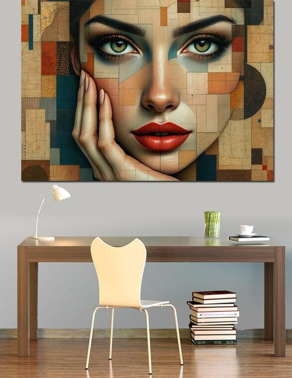 Geometrik Desenli Kadın Portresi Dekoratif Kanvas - Mdf Ahşap Tablo - Image 1