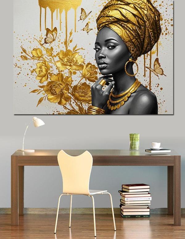 Altın Küpeli Afrika Kadını Dekoratif Kanvas - Mdf Ahşap Tablo - Image 1