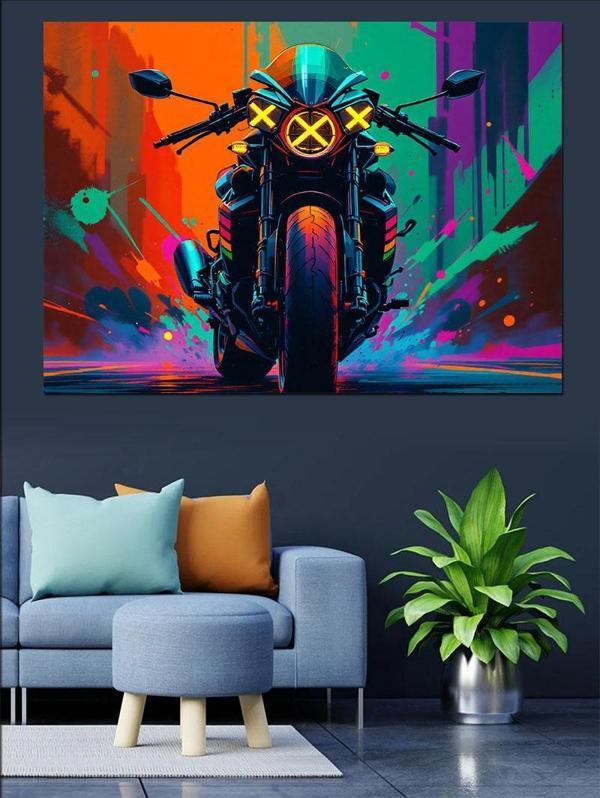 Neon Işıklı Motosiklet Dekoratif Kanvas - Mdf Ahşap Tablo - Image 1