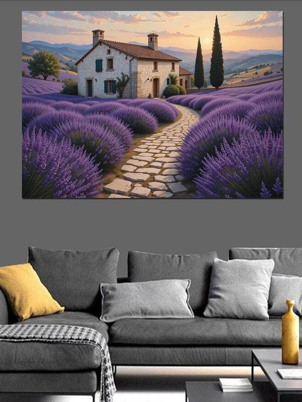 Lavanta Bahçeli Taş Ev Dekoratif Kanvas - Mdf Ahşap Tablo - Image 1