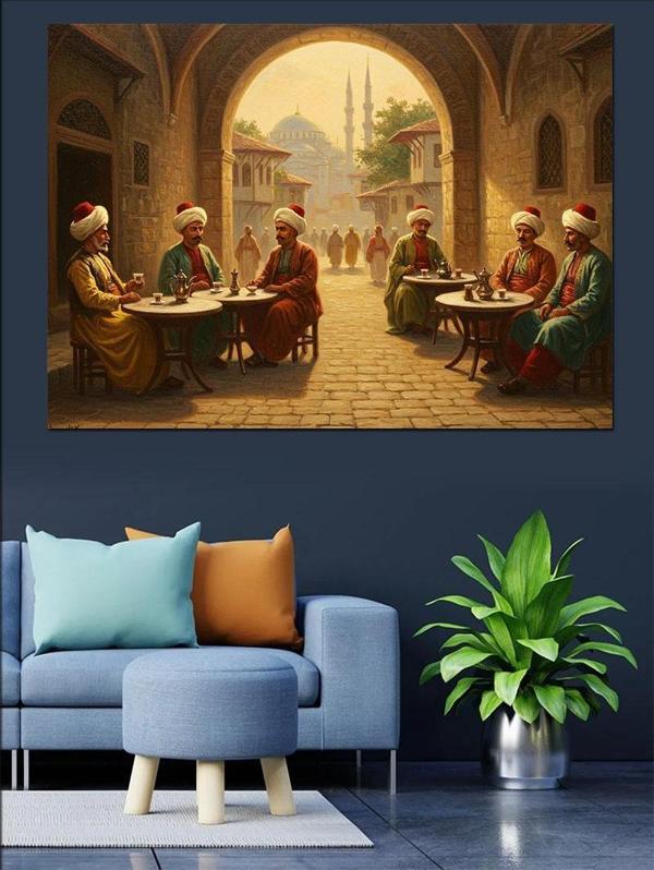 Osmanlı Avluda Sohbet Edenler Dekoratif Kanvas - Mdf Ahşap Tablo - Image 1