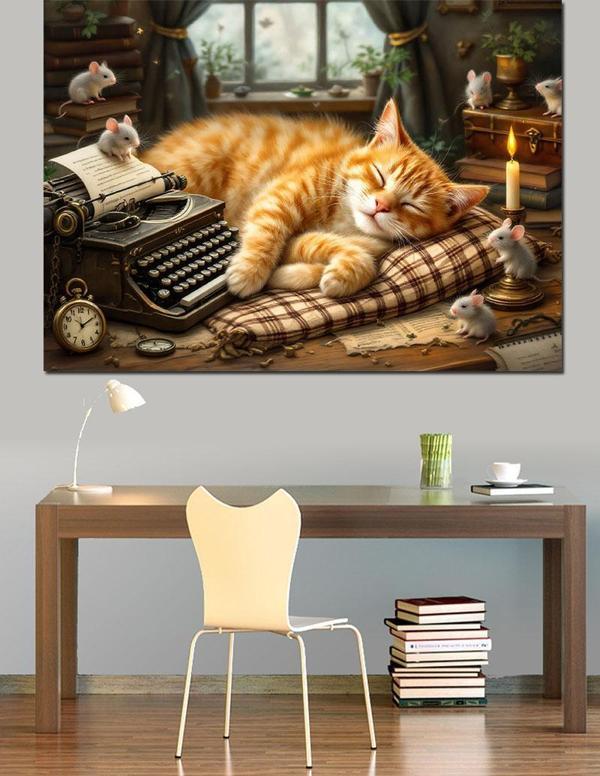 Tarihi Kedi Dinleniyor Dekoratif Kanvas - Mdf Ahşap Tablo - Image 1