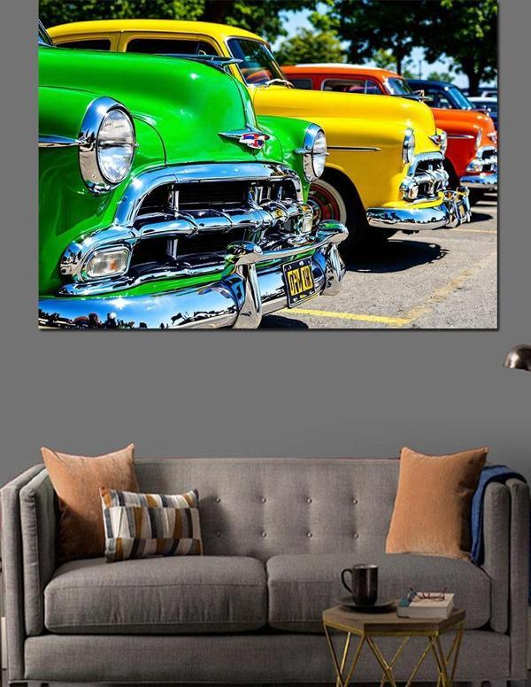 Klasik Sarı Chevrolet Arabalar Dekoratif Kanvas - Mdf Ahşap Tablo - Image 1