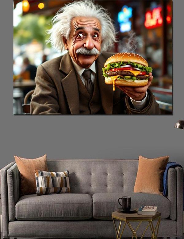 Hamburger Tutan Einstein Dekoratif Kanvas - Mdf Ahşap Tablo - Image 1