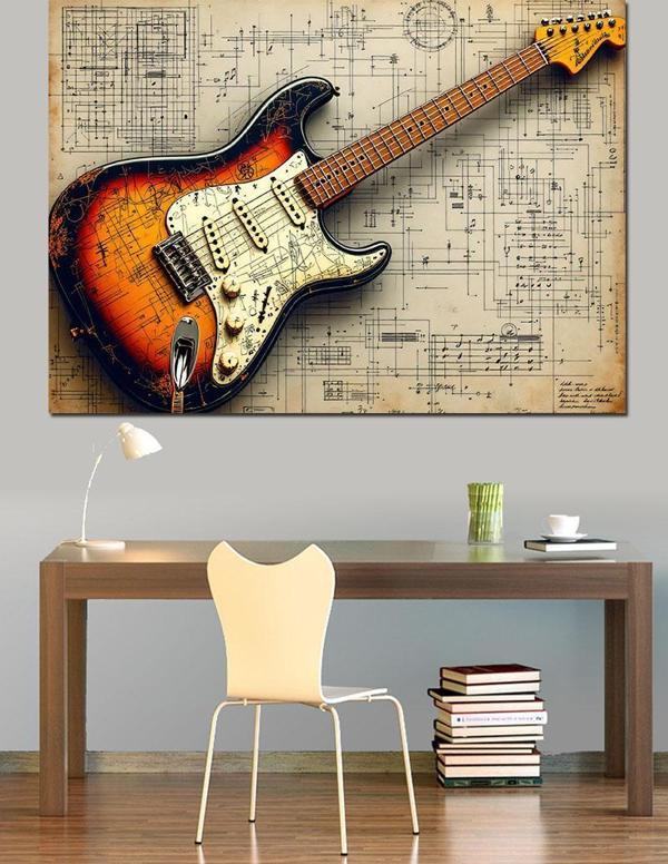 Notalar Üstünde Elektro Gitar Dekoratif Kanvas - Mdf Ahşap Tablo - Image 1
