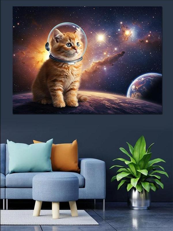 Uzayda Astronot Kedi Dekoratif Kanvas - Mdf Ahşap Tablo - Image 1