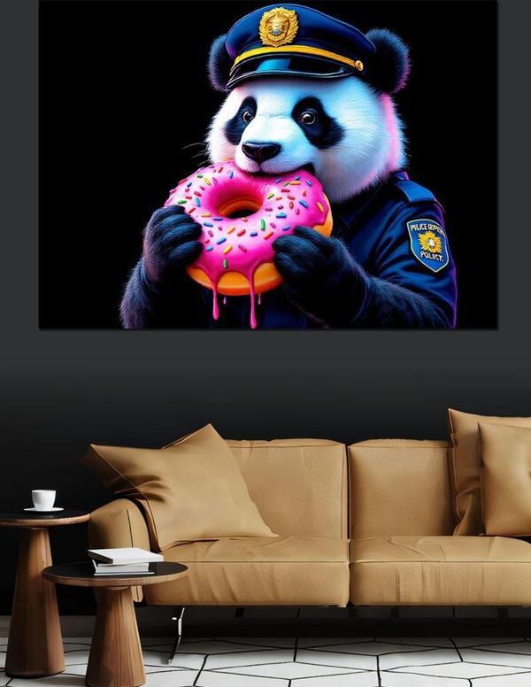 Donut Yiyen Panda Dekoratif Kanvas - Mdf Ahşap Tablo - Image 1
