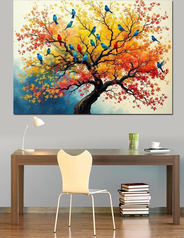 Renkli Dallı Ağaç Manzarası Dekoratif Kanvas - Mdf Ahşap Tablo - Image 1