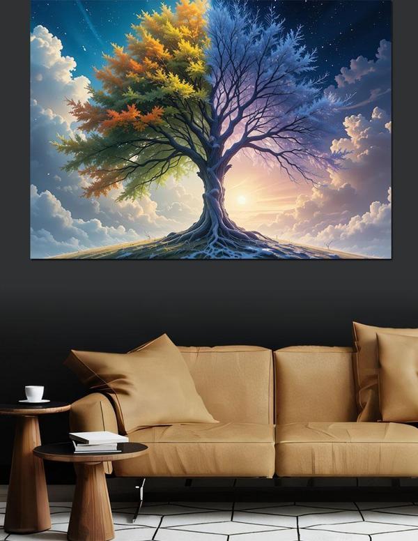 Mor Mavi Ağaç Gün Doğumu Dekoratif Kanvas - Mdf Ahşap Tablo - Image 1