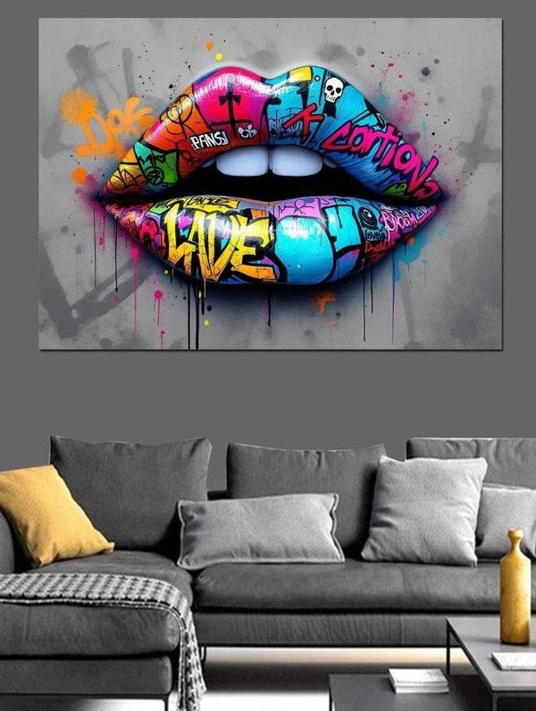 Grafiti Renkli Dudak Tasarımı Dekoratif Kanvas - Mdf Ahşap Tablo - Image 1