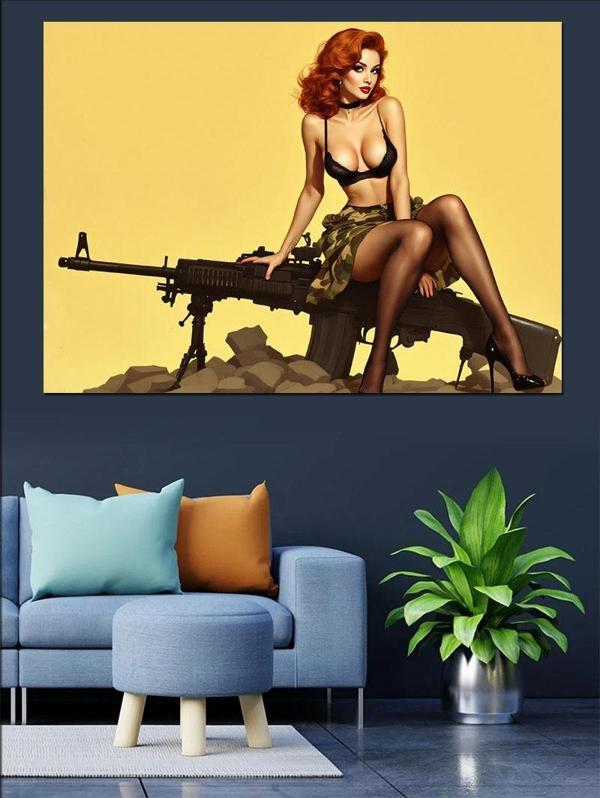 Silahlı Pin-Up Kadın Dekoratif Kanvas - Mdf Ahşap Tablo - Image 1