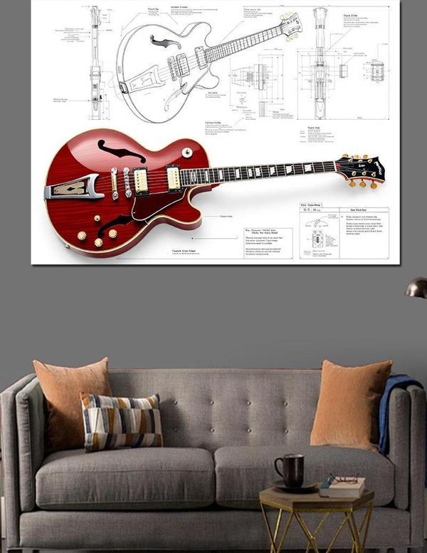 Teknik Gitar Çizimi Dekoratif Kanvas - Mdf Ahşap Tablo - Image 1