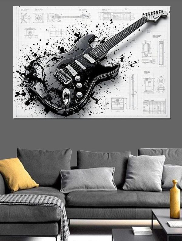 Teknik Gitar Çizimi Dekoratif Kanvas - Mdf Ahşap Tablo - Image 1
