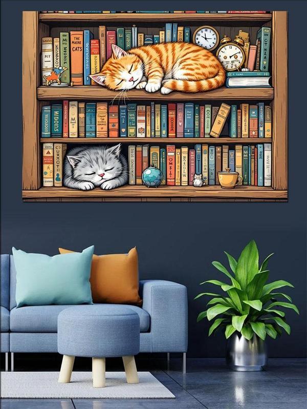 Kütüphanede Uyuyan Kedi Dekoratif Kanvas - Mdf Ahşap Tablo - Image 1
