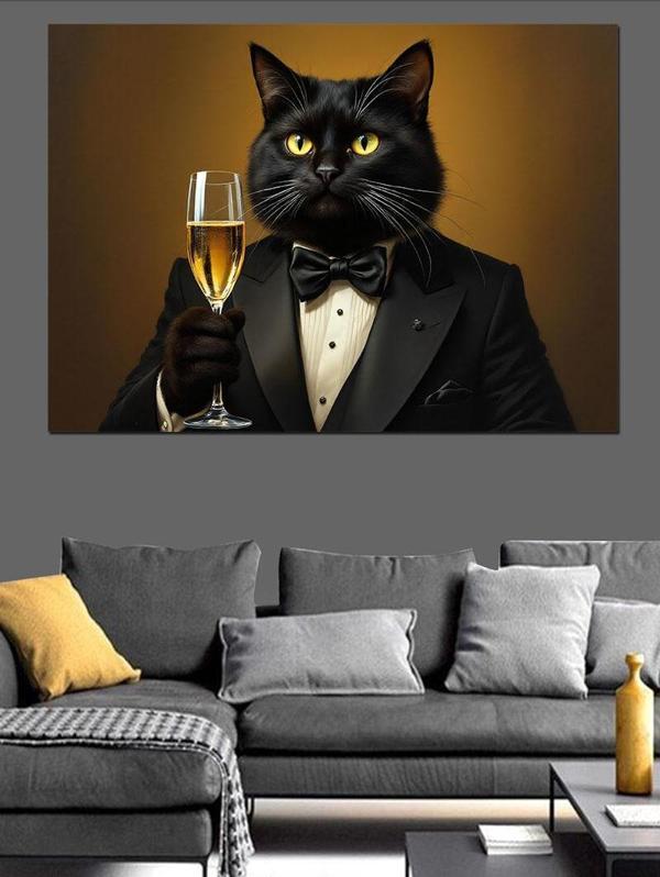 Smokinli Kadehli Siyah Kedi Dekoratif Kanvas - Mdf Ahşap Tablo - Image 1