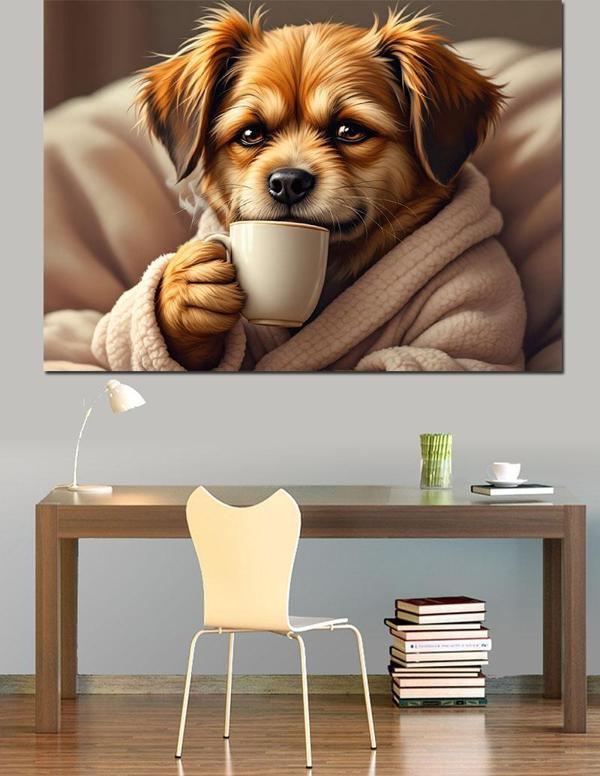 Kahve İçen Sevimli Köpek Dekoratif Kanvas - Mdf Ahşap Tablo - Image 1