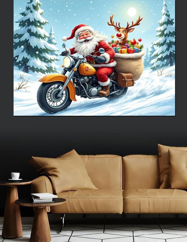 Motosikletli Noel Baba Dekoratif Kanvas - Mdf Ahşap Tablo - Image 1