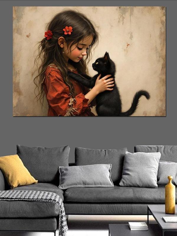 Kedi Seven Kız Dekoratif Kanvas - Mdf Ahşap Tablo - Image 1