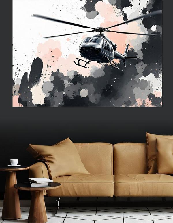 Siyah Beyaz Helikopter Çizimi Dekoratif Kanvas - Mdf Ahşap Tablo - Image 1