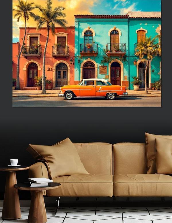 Renkli Eski Küba Şehir Sokakları Dekoratif Kanvas - Mdf Ahşap Tablo - Image 1