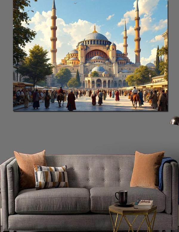 Büyük Camii Ve Kalabalık Dekoratif Kanvas - Mdf Ahşap Tablo - Image 1
