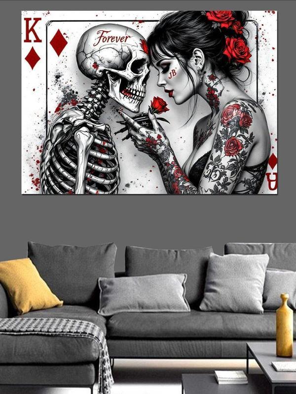 İskeletle Romantik Dövmeli Kadın Dekoratif Kanvas - Mdf Ahşap Tablo - Image 1