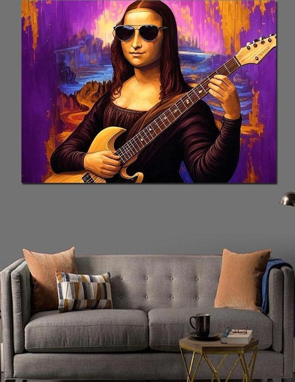 Gitar Tutan Monalisa Dekoratif Kanvas - Mdf Ahşap Tablo - Image 1
