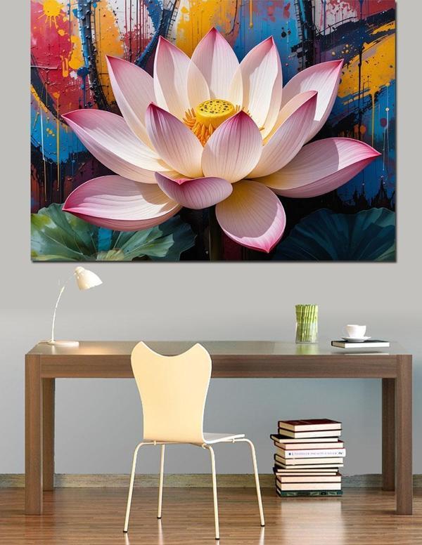 Renk Sıçramalı Lotus Dekoratif Kanvas - Mdf Ahşap Tablo - Image 1