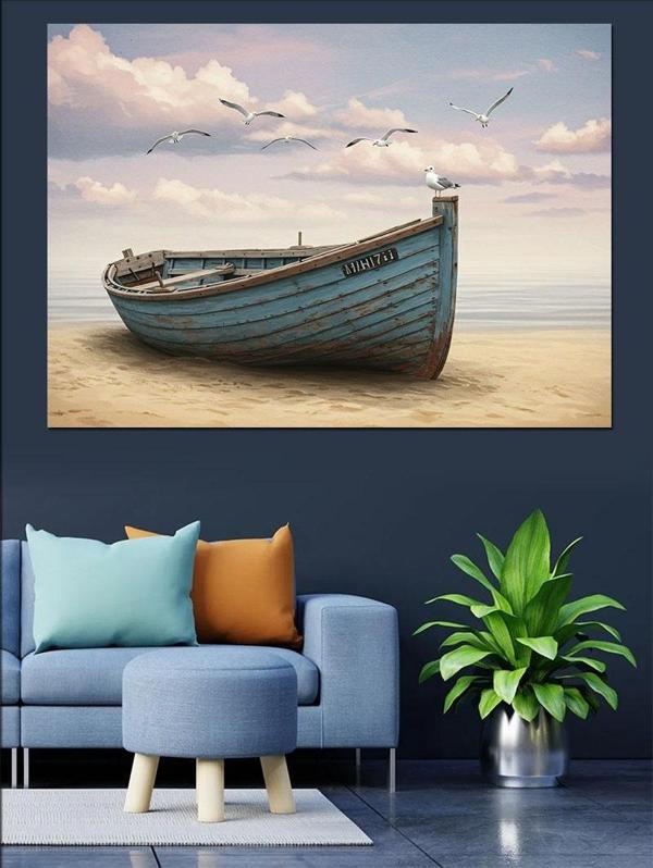 Kumsalda Mavi Kayık Dekoratif Kanvas - Mdf Ahşap Tablo - Image 1