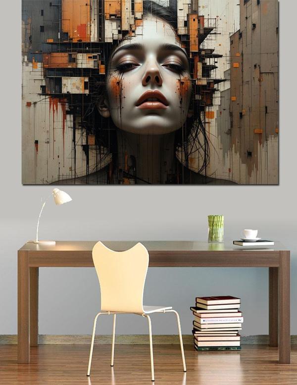 Dramatik Yüzlü Kadın Portresi Dekoratif Kanvas - Mdf Ahşap Tablo - Image 1