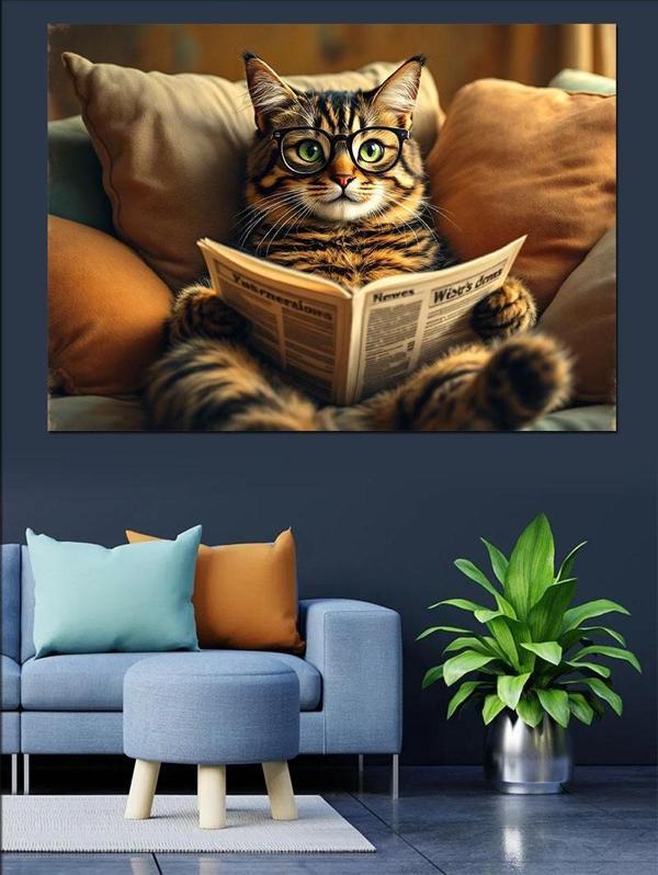Gazete Okuyan Kedi Dekoratif Kanvas - Mdf Ahşap Tablo - Image 1