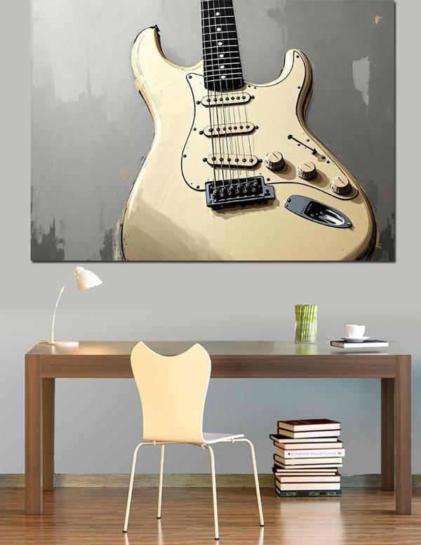 Beyaz Elektro Gitar Görseli Dekoratif Kanvas - Mdf Ahşap Tablo - Image 1