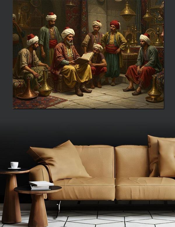 Gölgelikte Sohbet Eden Bilgeler Dekoratif Kanvas - Mdf Ahşap Tablo - Image 1