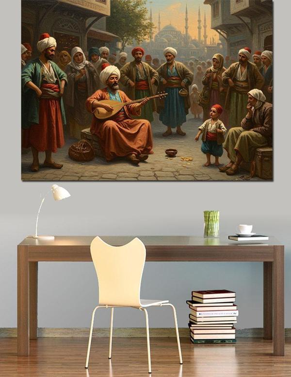 Sokakta Saz Çalan Adam Dekoratif Kanvas - Mdf Ahşap Tablo - Image 1