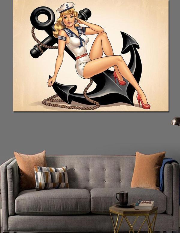 Pin-Up Kız Çapa İllüstrasyon Dekoratif Kanvas - Mdf Ahşap Tablo - Image 1