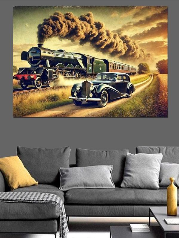 Tren Ve Retro Araba Manzarası Dekoratif Kanvas - Mdf Ahşap Tablo - Image 1