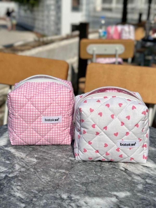 Batekso 2'Li Mini Pembe Kalp Ve Pembe Kare Desenli Makyaj Çantası - Küçük Boy - Image 1