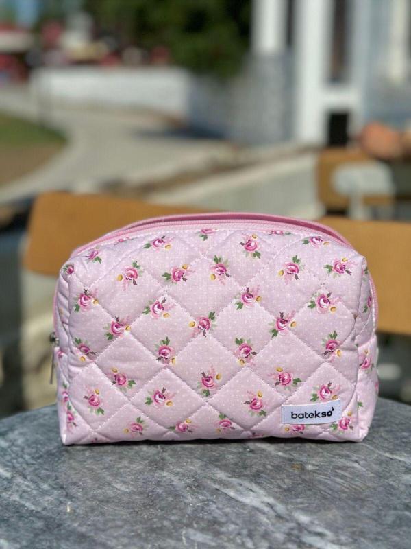 Batekso Toz Pembe Gül Desenli Makyaj Çantası - Büyük Boy - Image 1