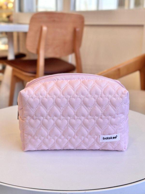 Batekso Soft Pembe Kalp İşlemeli Makyaj Çantası - Büyük Boy - Image 1