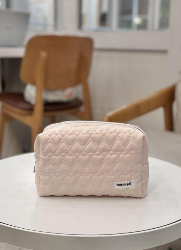 Batekso Pastel Pembe Kalp İşlemeli Makyaj Çantası - Büyük Boy - Image 1