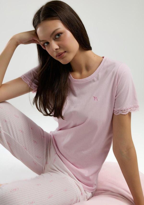 Kadın Pembe Kısa Kol Pijama Takım - Image 1