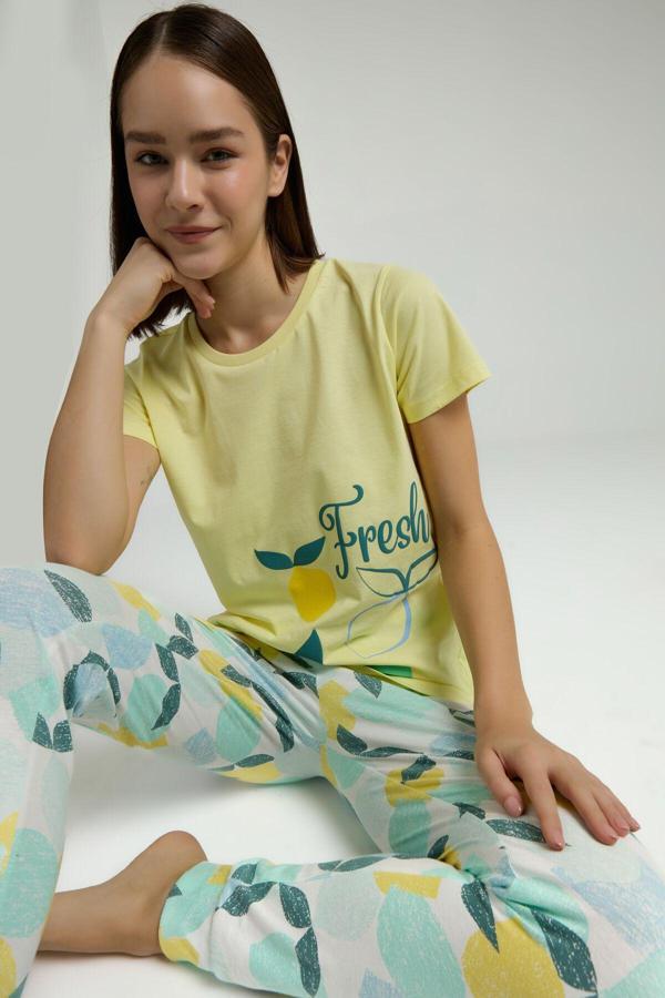 Kadın Sarı Kısa Kol Pijama Takım - Image 1