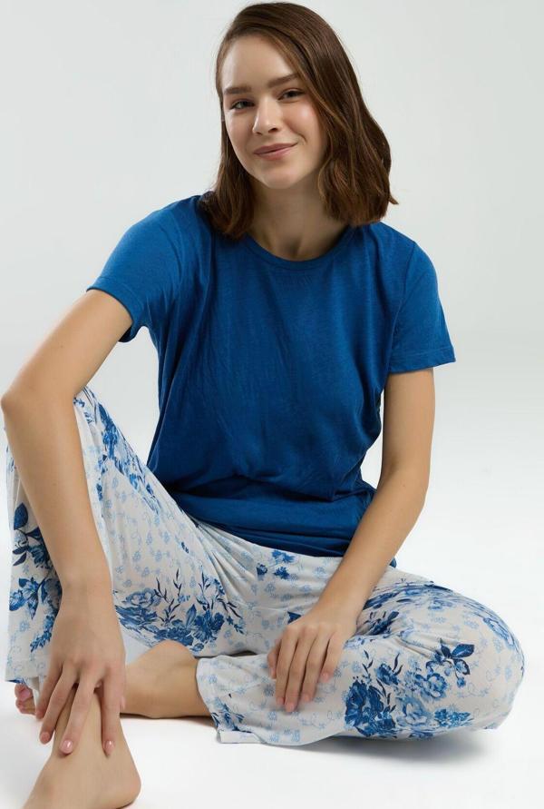 Kadın Mavi Kısa Kol Pijama Takım - Image 1