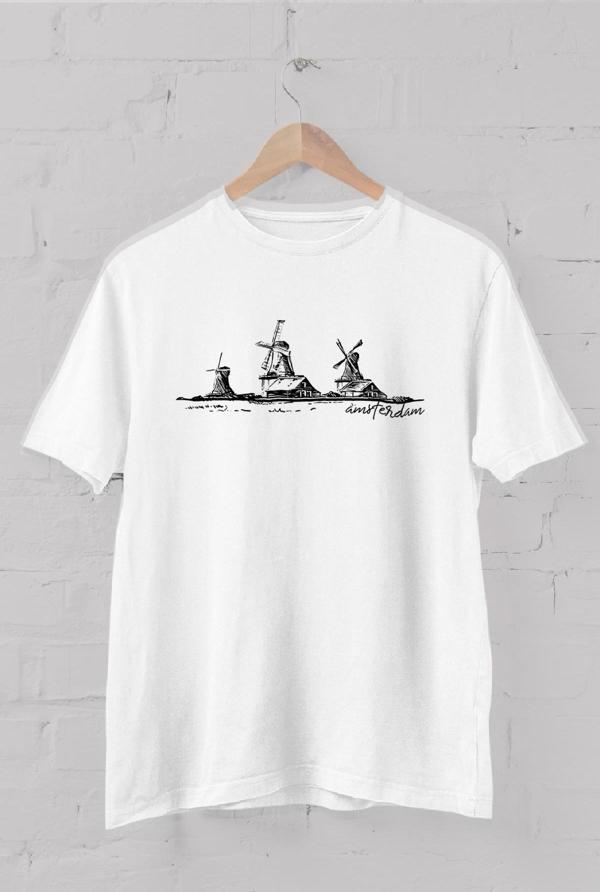 Amsterdam Yel Değirmenleri Baskılı Bisiklet Yaka Erkek Tişört - Image 1